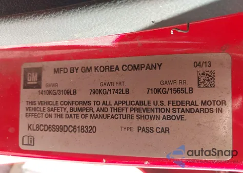 2013 Chevrolet Spark 1Lt Auto из США, поврежденный, VIN KL8CD6S99DC618320